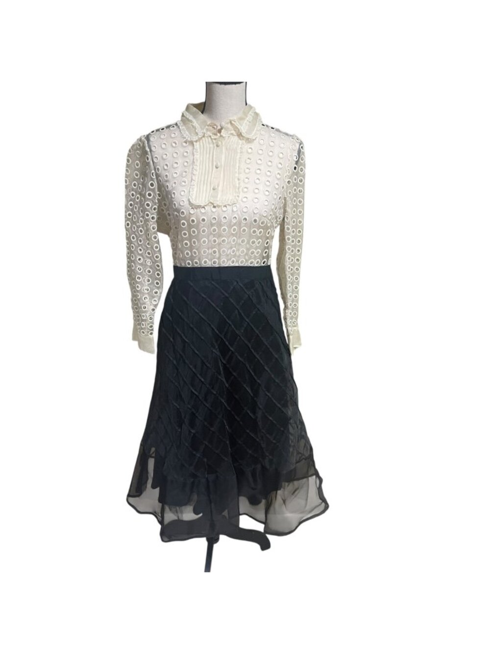 red Valentino midi dress with a geometric eyelet trim blouse pleated front